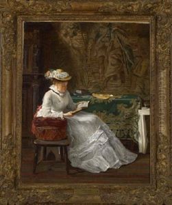 Young Lady Seated In An Interior Reading A Book by Haynes King