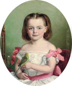 Portrait Of Mary Ann Maitland-wilson Of Greystone Towers, Three Quarter Length, In A White Dress With Red Ribbons, Holding Her Budgerigar