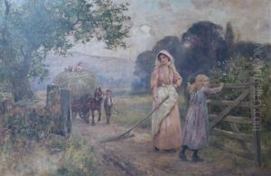 Mother And Daughter At An Open Gateway With A Hay Cart Following by Henry John Yeend King