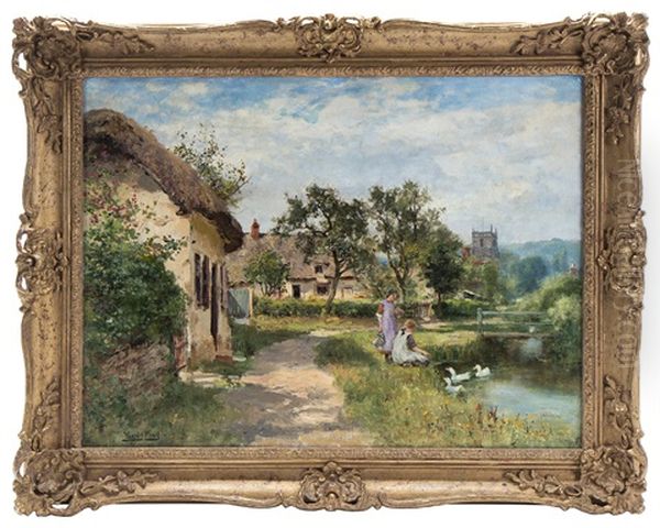 English Village With Streams And Girls Feeding Ducks. - view 1