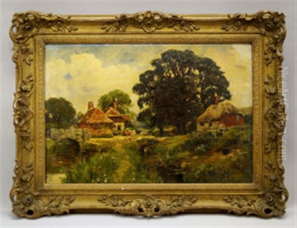 Figure On A Stone Bridge With Cattle, Cottages And Woodland - view 1