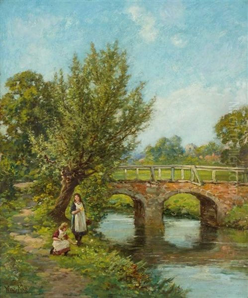 Fruhlingslandschaft Mit Steinerner Brucke Uber Bachlauf Und Blumen Pfluckenden Madchen Am Weg - view 1