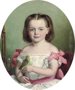 Portrait Of Mary Ann Maitland-wilson Of Greystone Towers, Threequarter Length, In A White Dress With Red Ribbons, Holding Herbudgerigar