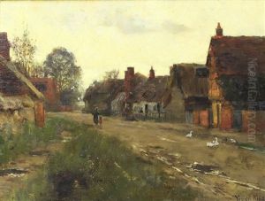 Village Street Scene With Mother And Child And Geese To Fireground by Henry John Yeend King