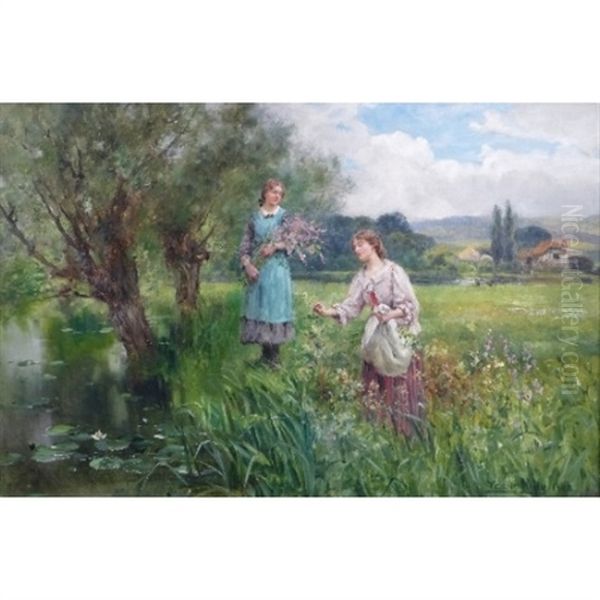 Two Young Ladies Picking Wild Flowers By A River, A Cottage In The Distance - view 1