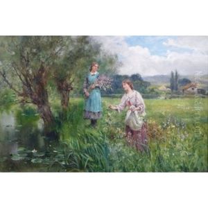 Two Young Ladies Picking Wild Flowers By A River, A Cottage In The Distance by Henry John Yeend King