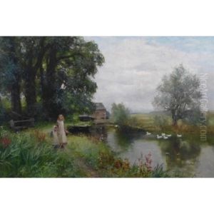 Two Girls Walking Beside A Tree Lined River, Ducks On The Water And A Water Mill In The Distance by Henry John Yeend King