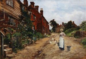 Village Lane With Young Maid Feeding Chickens