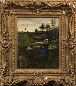 Peasant Girl With Water Vessel, Landscape Beyond