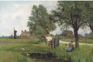 A Mother Feeding Her Child By A Pond
