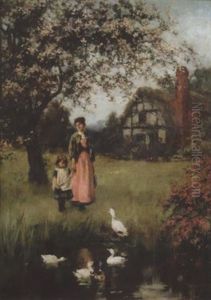 View Of A Timbered Thatched Cottage With A Mother And Young Girl Under A Blossom Tree