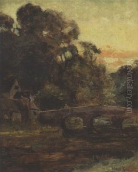 River Landscape With Figure On A Bridge At Dusk by Henry John Yeend King