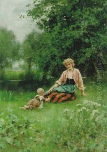 Sommarlandskap Med Ung Kvinna Och Barn by Henry John Yeend King