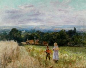 Children Picking Wildflowers In A Field With An Extensive Landscape Beyond Children Picking Wildflowers In A Field With An Extensive Landscape Beyond