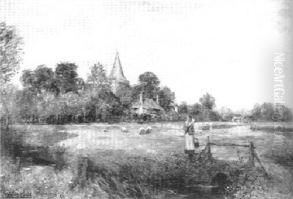 Pastoral Scene With Sheep And Maiden Carrying A Bucket With Church In The Distance - view 1