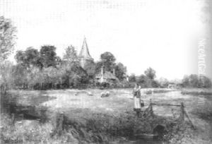 Pastoral Scene With Sheep And Maiden Carrying A Bucket With Church In The Distance by Henry John Yeend King