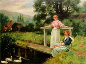 Blommande Sommarlandskap Med Flickor Vid A Med Ankor by Henry John Yeend King