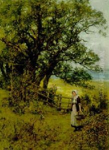 Girls Gathering Blackberries In A Wooded Landscape Girls Gathering Blackberries In A Wooded Landscape