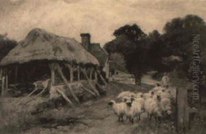 A Shepherd And Sheep Before A Barn by Henry John Yeend King
