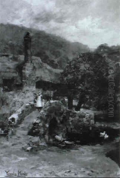 Children On A Bridge By A Thatched Cottage - view 1