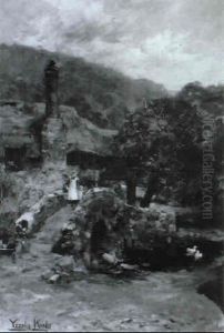 Children On A Bridge By A Thatched Cottage Children On A Bridge By A Thatched Cottage
