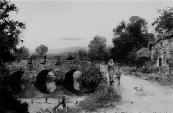 Ancient Cottage And Bridge With Figures On A Roadway - view 1