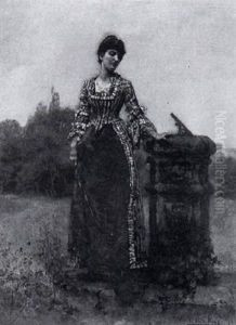 An Elegant Beauty In A Red And Pink Dress By A Sun Dial by Henry John Yeend King