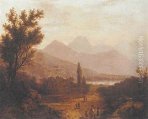 Figures In An Extensive Mountainous Lake Landscape