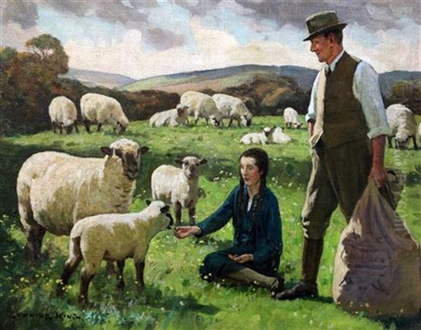 Farmer And Daughter Feeding Lambs - view 1