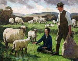 Farmer And Daughter Feeding Lambs by William Gunning King