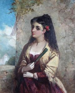 A Spanish Lady, Wearing A Black Lace Veil And Holding A Fan by Frederick Gerald Kinnaird