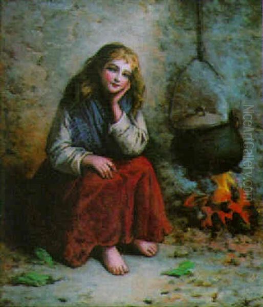 Portrait Of A Girl, Seated, Barefoot, By The Fireside - view 1