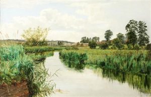 River Landscape With Buildings In The Background
