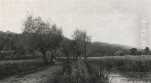 Girl Walking By A River, Haymaking Beyond Girl Walking By A River, Haymaking Beyond