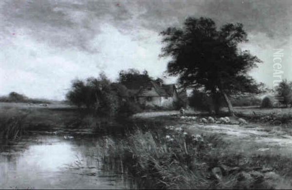 Shepherd Driving Sheep On A Track By A River - view 1