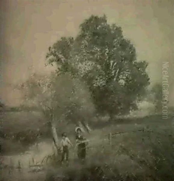 Landskap Med Man Och Kvinna Fiskande I A - view 1