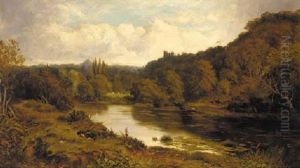 A Figure In A Rowing Boat In A Tranquil River Landscape, A Castle Beyond
