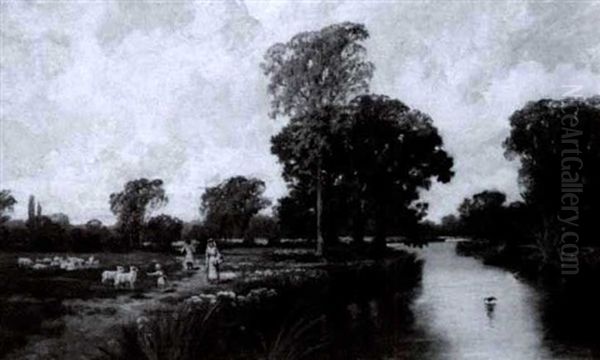 Figures On A Path With Sheep Resting In A River Landscape - view 1