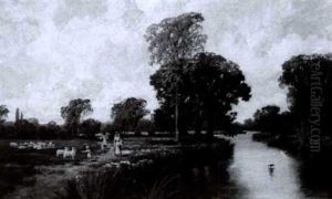 Figures On A Path With Sheep Resting In A River Landscape Figures On A Path With Sheep Resting In A River Landscape