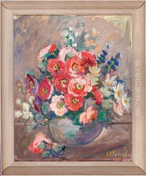 Still Life Of Full Blown Roses, Delphinium And Daisies - view 1