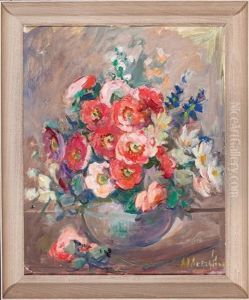 Still Life Of Full Blown Roses, Delphinium And Daisies