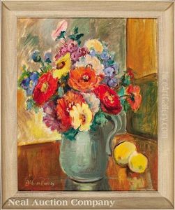 Still Life Of Zinnias And Garden Roses In A Pitcher With Lemons