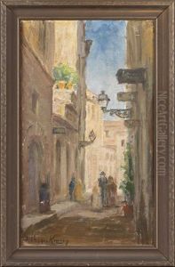 View Of Figures Walking Down Pirate's Alley, French Quarter, New Orleans by Alberta Kinsey