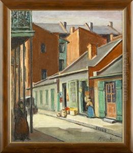 Lively View Of French Quarter Street With A Vendor Standing By Her Storefront by Alberta Kinsey