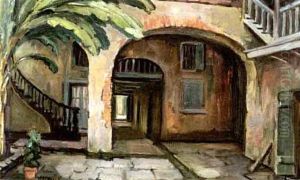 French Quarter Courtyard Scene by Alberta Kinsey