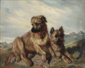 Two Cairn Terriers In A Landscape by Carl Fredrik Kiorboe