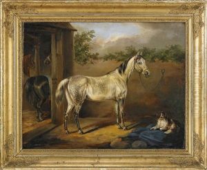 Gardsbild Med Hastar Och Hund by Carl Fredrik Kiorboe