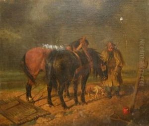 Two Horses And A Farmer by Carl Fredrik Kiorboe