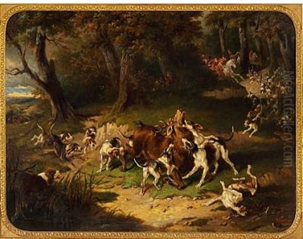 Hunting Scene With Dogs Attacking A Stag by Carl Fredrik Kiorboe