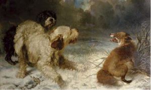 A Fox Trapped By Two Hunting Dogs by Carl Fredrik Kiorboe